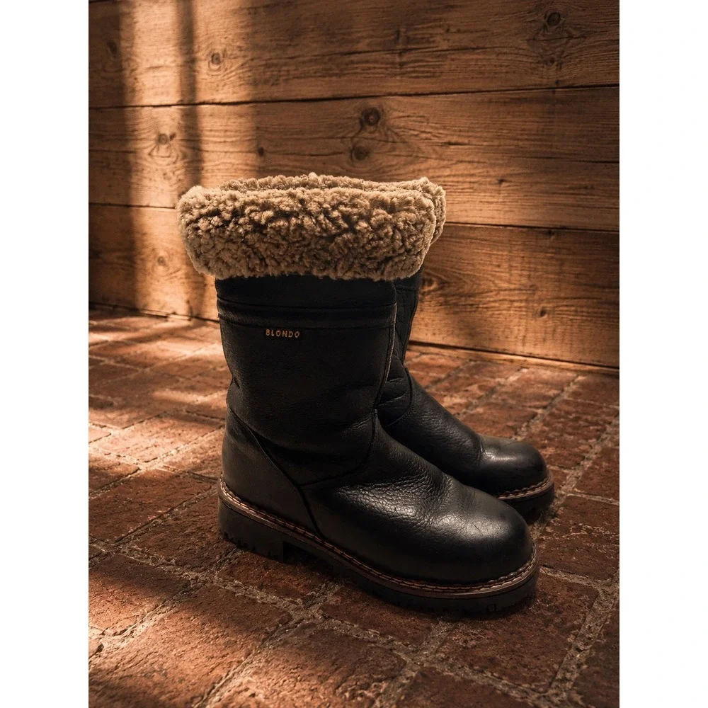 Vintage Blondo Black Leather Shearling Winter Boot Lug Sole 7 Utility Boho Apres